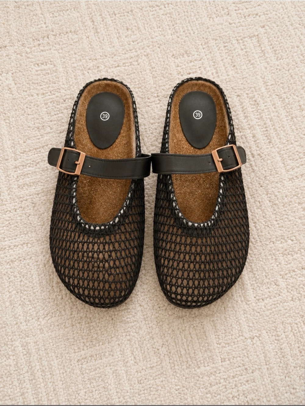 S.L. Fashions Black Mesh Mary Jane Slide with Rose-Gold Buckle